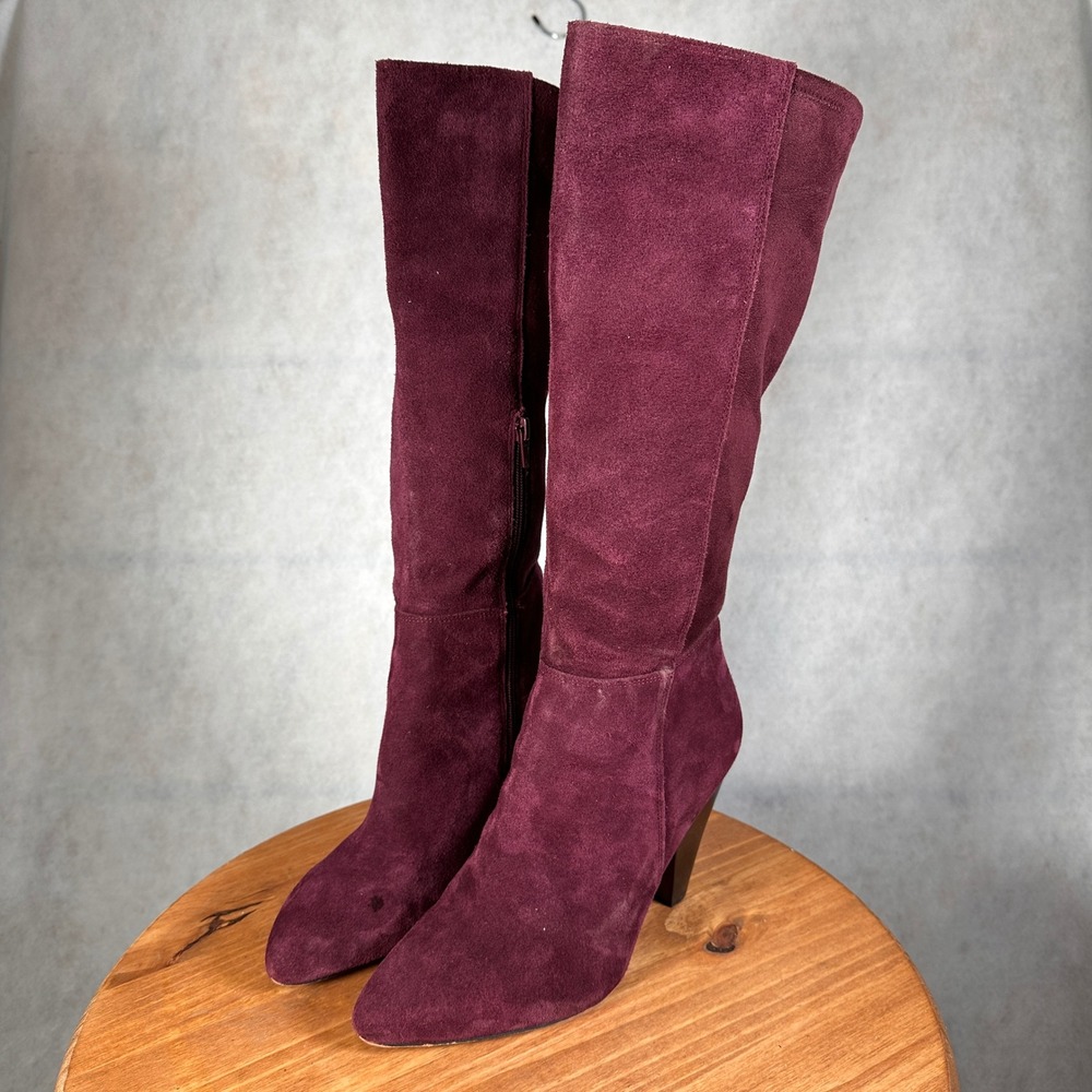 Vince Camuto Knee High Boots Womens 10 Burgundy Good Suede Cone Heel Pointed Toe